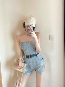 Outlet Summer wrapped chest with belt jumpsuit wide leg denim shorts