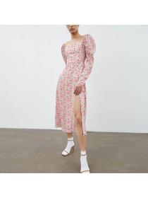 Outlet Hot style Spring/Summer Women's Square Neck Puff Sleeve Floral print Slit Long Dress