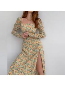 Outlet Hot style Spring/Summer Women's Square Neck Puff Sleeve Floral print Slit Long Dress