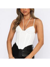Outlet Women's Sexy Mesh Fishbone Pleated Halter Plain Camisole