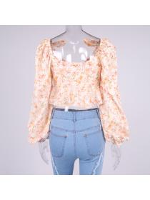 Outlet Popular Floral Print Ruffle Bow Puff Sleeve Chiffon Shirt