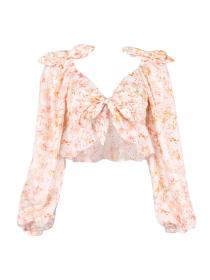 Outlet Popular Floral Print Ruffle Bow Puff Sleeve Chiffon Shirt