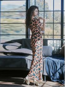 Korean Style  Leopard Print   V-neck sexy slim slim dress