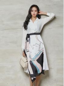 Korean Style  temperament chiffon top personality lace suit printing skirt