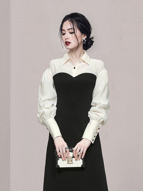 Korean style chiffon stitching contrast color slim lantern sleeve temperament dress