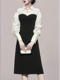 Korean style chiffon stitching contrast color slim lantern sleeve temperament dress