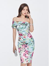 Korean Style sexy retro color fashion slim off-the-shoulder dress