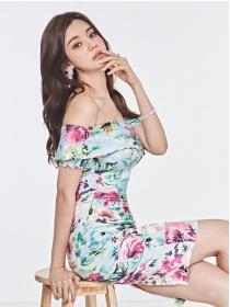 Korean Style sexy retro color fashion slim off-the-shoulder dress