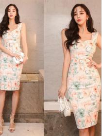 Korean Style  mid-length printed temperament slim fit hip fashion ladies dress 