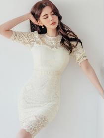 Korean Style Lace Matching Hollow Out Dress 