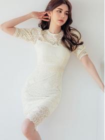 Korean Style Lace Matching Hollow Out Dress 