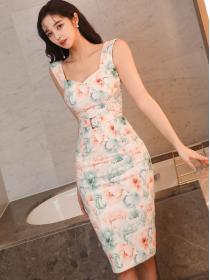 Korean style ladies temperament slim   printed hip fashion dress