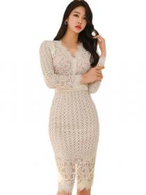 Korean style temperament V-neck slim stitching lace package hip  sexy dress