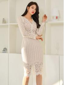 Korean style temperament V-neck slim stitching lace package hip  sexy dress