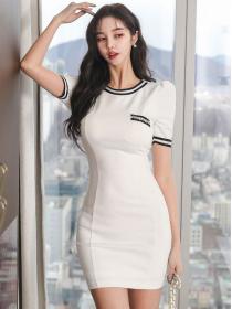 Korean Style slim temperament simple stitching striped webbing sexy hip dress
