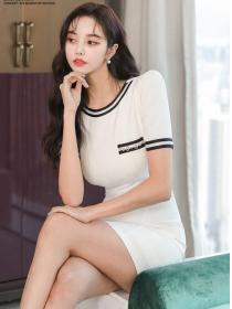 Korean Style slim temperament simple stitching striped webbing sexy hip dress
