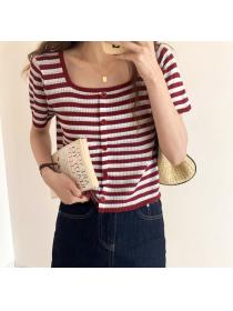 Outlet Slim stripe mixed colors sweater short sweet square collar tops
