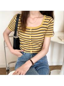 Outlet Slim stripe mixed colors sweater short sweet square collar tops