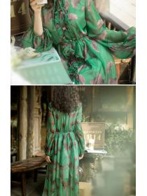 Outlet  Chiffon Print Dress With Balloon Sleeves  Maxi Dress