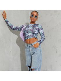 Outlet New arrival women's fashion street print round-neck cropped navel long-sleeved bottoming shirt 