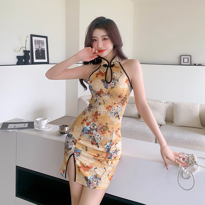 Outlet Maiden printing dress retro colors cheongsam