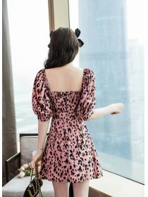 Outlet Pink temperament leopard short sleeve summer dress