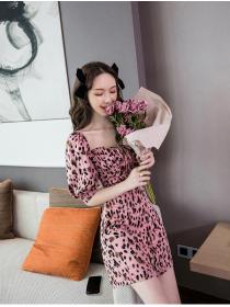 Outlet Pink temperament leopard short sleeve summer dress