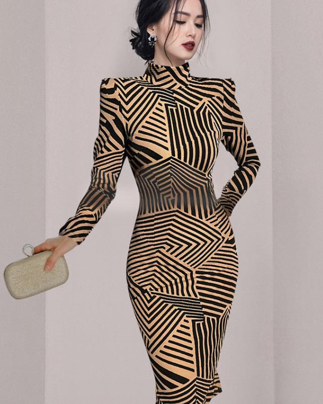 Half Turtleneck Striped Print Package Hip Slim Dress