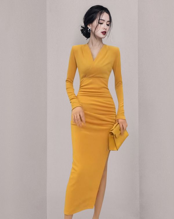New Style Pure Color V  Collars Slim Fashion Dress