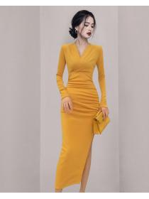 New Style Pure Color V  Collars Slim Fashion Dress