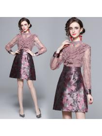 Outlet Long sleeve spring slim lace embroidery splice ladies dress