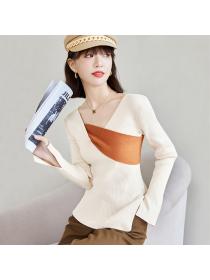 Outlet Cross V-neck splice mixed colors irregular sweater for women
