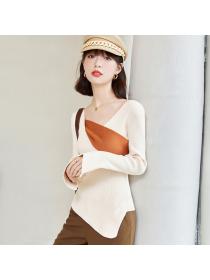 Outlet Cross V-neck splice mixed colors irregular sweater for women