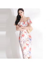 Outlet Lotus leaf edges sexy horizontal collar dress
