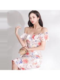 Outlet Lotus leaf edges sexy horizontal collar dress