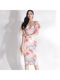 Outlet Lotus leaf edges sexy horizontal collar dress