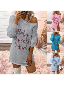 Outlet Letters printed long-sleeved round neck casual dress T-shirt for women