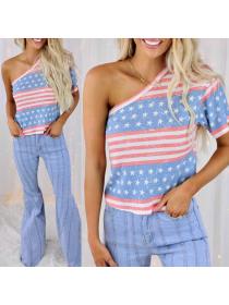 Outlet Striped star print Single- shoulder short-sleeved casual T-shirt for female 