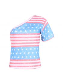 Outlet Striped star print Single- shoulder short-sleeved casual T-shirt for female 