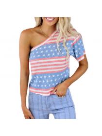 Outlet Striped star print Single- shoulder short-sleeved casual T-shirt for female 