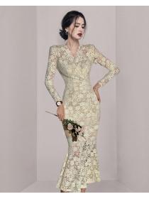 Elegant Lace High Waist Long Sleeve V Neck Fishtail Dress