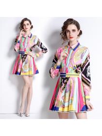 Outlet Spring printing skirt pleated temperament shirt 2pcs set