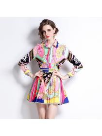 Outlet Spring printing skirt pleated temperament shirt 2pcs set