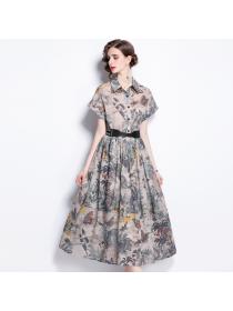 Outlet With belt lapel cotton lined summer dress for women