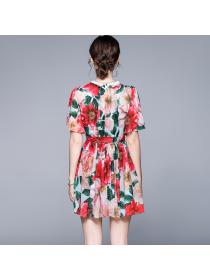 Outlet Western style retro printing slim colors pinched waist dress