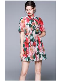 Outlet Western style retro printing slim colors pinched waist dress