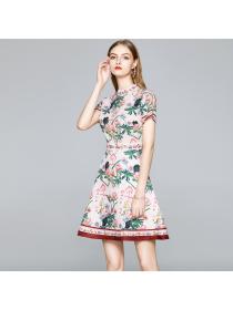Outlet Spring big skirt stand collar slim printing dress
