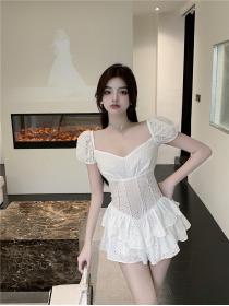 Outlet Sexy hollow pleated square collar puff sleeve short conjoined dress
