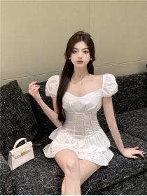 Outlet Sexy hollow pleated square collar puff sleeve short conjoined dress
