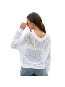 Outlet Summer new long-sleeved pullover thin knitted blouse casual loose V-neck hollow knitted Top